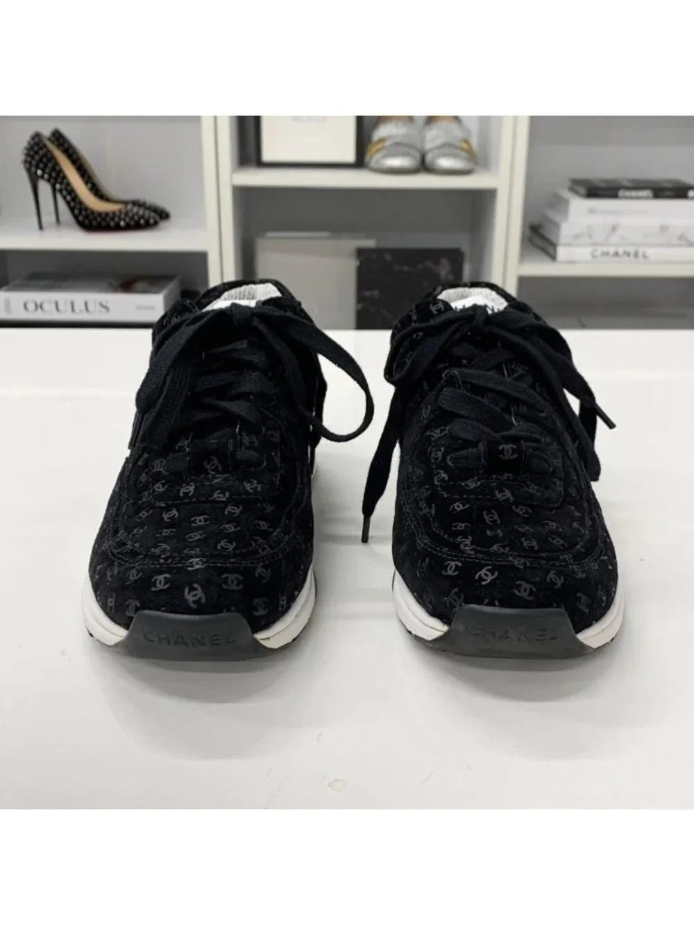 Chanel CC Logo Suede Sneakers Black